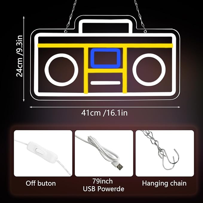 Retro Radio Neon Sign Vintage Yellow Radio Neon LightUSB Neon Signs for Game Room Decor 80s Music Neon Light Sign for Bedroom Retro Cafe Party Decoration