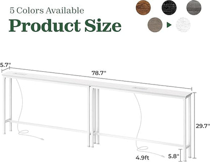 SUPERJARE 5.7 Inch Narrow Console Table with Outlet, Sofa Tables, Total Length 78.8'', Behind Couch Table, Long Entryway Tables with Charging Station, for Living Room, White