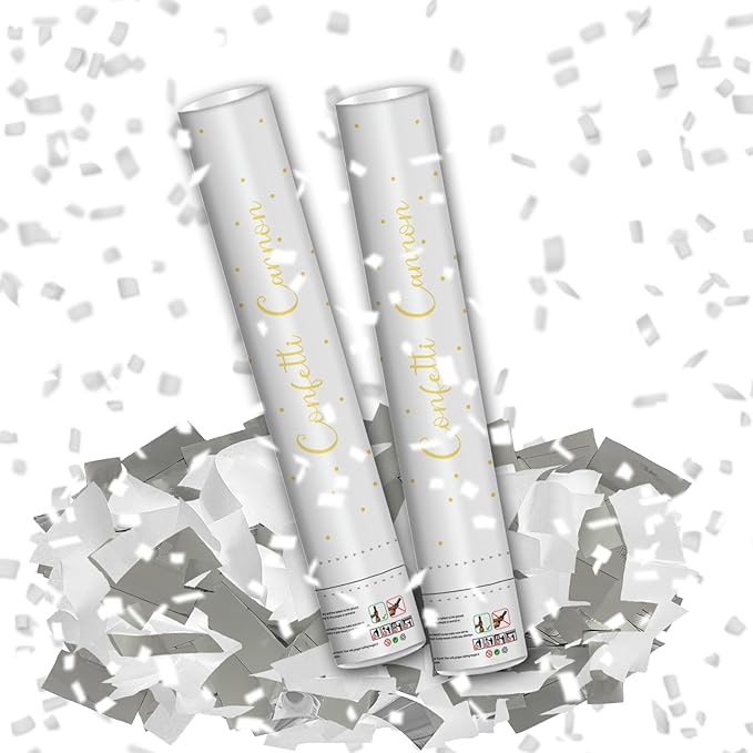 16" Silver & White Confetti Cannons - Party Poppers for Birthday Graduation Retirement Wedding New Year Celebrations - Easy to Use - Pack of 2