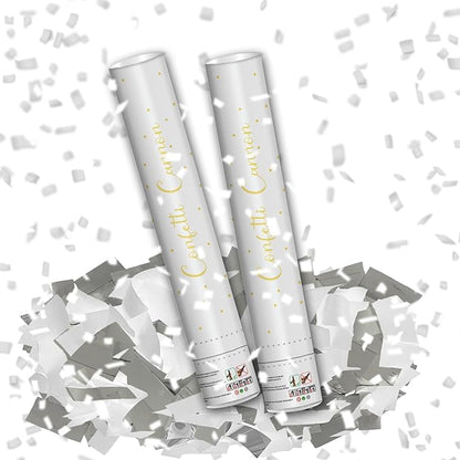 16" Silver & White Confetti Cannons - Party Poppers for Birthday Graduation Retirement Wedding New Year Celebrations - Easy to Use - Pack of 2
