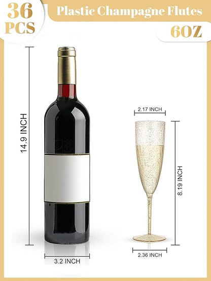 WDF 36-Pack Plastic Champagne Flutes - Gold Glitter Champagne Glasses Disposable - Perfect for Thanksgiving, Weddings, Birthday, Bridal Showers