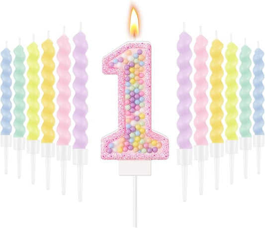 MTLEE Number 1 Birthday Candle with 12 Pcs Spiral Candles for Girls Macaron Pastel Rainbow Unicorn Pink Cake Topper for Sweet Theme Party Decoration