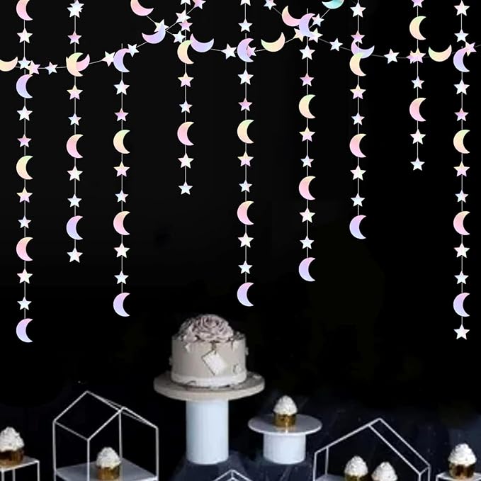 Iridescent Disco-Holographic Party-Decorations Moon-Star Garland - 62Ft Twinkle Little Star Hanging Neon Streamers Banner,Eid Ramadan Mubarak Decoration Birthday Wedding Baby Shower Decor Panduola