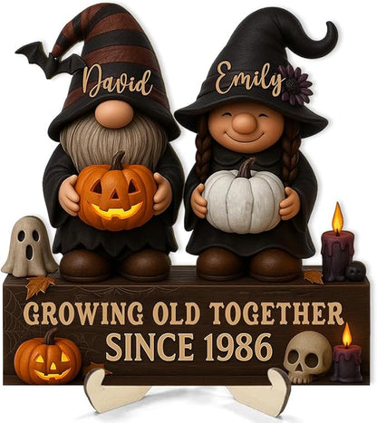 Growing Old Together Gnomes Halloween Wooden Sign, Gifts for Him Her Wife Husband, Custom Wood Plaque Couples Gift, Valentine Christmas Gift For Parents, Grandparents Gothic Decorations Sign 34
