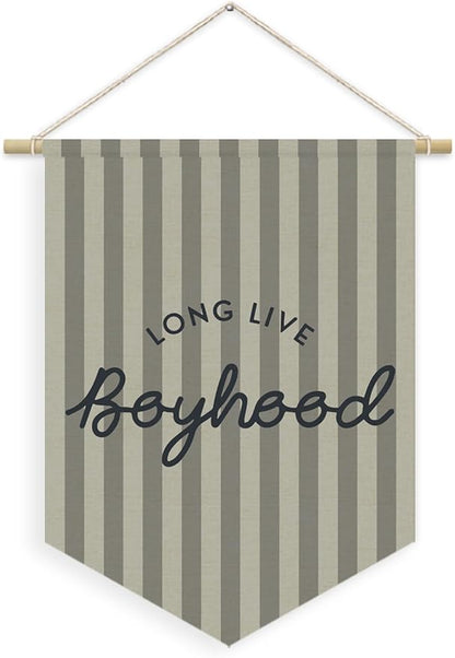 Boys Room Decor, Long Live Boyhood Boy Nursery Linen Canvas Banner, Grey Striped Wall Hanging Pennant Flag Banner for Boys Nursery Kids Toddler Room Bedroom Playroom Decor, 15x11in