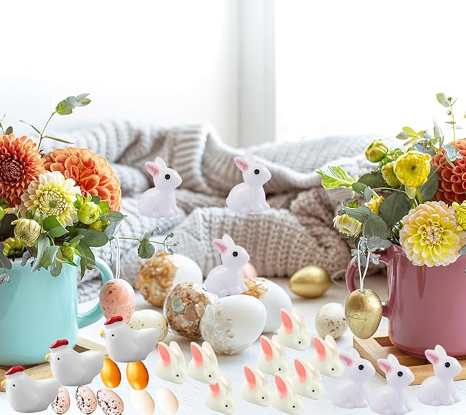 80Pcs Rabbits,Chickens and Eggs Miniature Figurines, Mini Resin Easter Bunny Rabbits Chickens and Easter Eggs for Garden Decor Miniature Ornaments for Dollhouse DIY Cake Home Decor