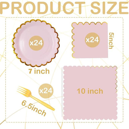 Pink & gold mix scalloped party plates with napkins and fork gold foil border, 24 Guest Pink disposable Tableware Set Party Decoration for Birthday Coquette Bridal Baby Shower Valentines