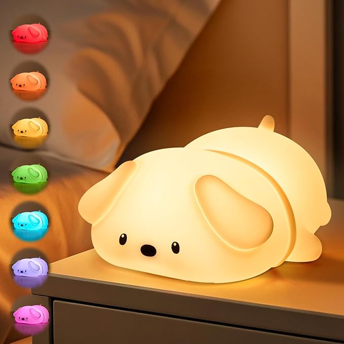 One Fire Squishy Silicone Dog Night Light for Kids—16-Color Gradient Breathing Lamp with 25Hr Battery, Tap Control & Portable Design for Nursery/Bedroom/Travel