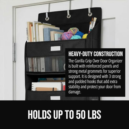 GORILLA GRIP Over The Door Organizer Storage, 5 Deep Hanging Shelves, Holds 50lbs, Closet Organizers Shelf for Bedroom, Shoes, Bathroom, Nursery, Dorm Essentials, 3 Metal Hooks, 58x15 Inches, Black
