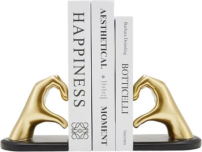 Gold Bookends, Heavy Duty Bookend Holder Decor, Golden Finger Heart Shaped, Modern Art Sculpture, Finger Home Decoration, Bookends Decorative, Boho Decor for Desktop Bedroom Study Room