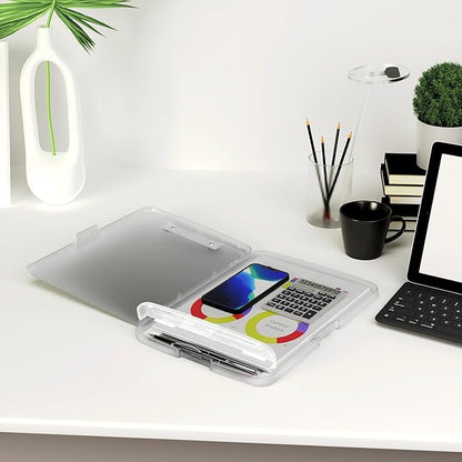 Piasoenc Clipboard with Storage, 8.5 x 11 Organization Box with Pen Holder and A4 Legal Paper Folder, Folio & Side-Opening, Low Profile Clip,for Nurses,Teachers, Size 14 x 9.6 x 1.2 in,Translucent