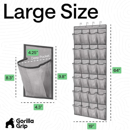 GORILLA GRIP Over the Door Shoe Organizer, 2 Pack, 24 Breathable Mesh Pockets, Space Saving Hanging Storage Holder, Closet Rack Hanger Holds Up to 40 lbs, Hangs on Closets, Shoes, Accessories, Grey