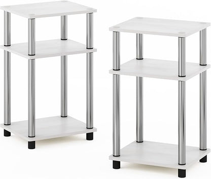 Furinno JUST Side Table Set of 2, 3-Tier End Tables, Open Shelves Night Stand, Nightstand, Toolless Assembly, for Living Room, Bedroom, White Oak/Stainless Steel