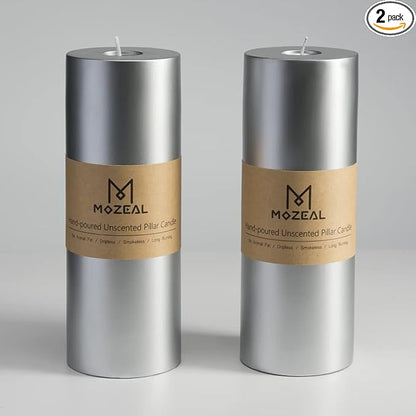 MOZEAL 3" x 8" Hand-Poured Unscented Large Candle,Smokeless Rustic Pillar Candle Set of 2,Slow Burn,No Drip,Approx 150 Hours Burning,Wedding,Dinner,Christmas and Home Decorative,Tall Silver Candle