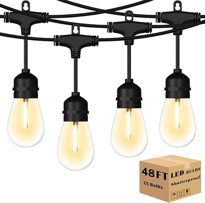 Outdoor String Lights 48 ft, LED Patio Lights with 16（15+1 Spare S14 Shatterproof Bulbs, IP 65 Waterproof, Outside Hanging Light for Cafe Bistro Backyard