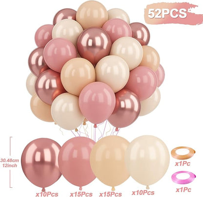 Patimate Retro Blush Pink Balloons Set, 50 pcs 12 inch Metallic Rose Gold Dusty Pink Pastel Orange Nude Latex Balloons Kit for Birthday Bridal Shower Bachelorette Boho Baby Shower Party Decorations