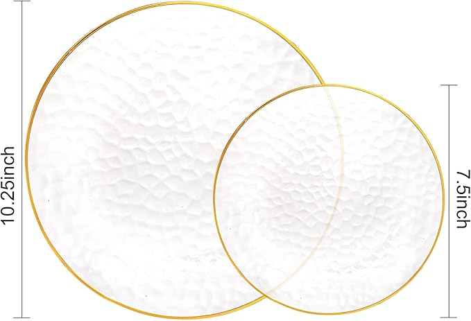 Rubtlamp 100Pcs Clear Gold Plastic Plates, Disposable Plates With Gold Rim, Heavy-duty Party Platos, Hammered Plastic Plates Include 50 Clear Dessert Platos, 50 Dinner Platos for Christmas