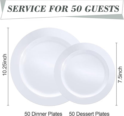 100PCS White Plastic Plates, White Disposable Plates for 50 Guests, 50 Dinner Plates 10.25 inch and 50 Dessert/Salad Plates 7.5 inch for Party, Graduation, Wedding