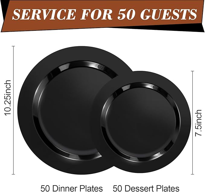 100PCS Black Plastic Plates, Black Disposable Plates for 50 Guests, 50 Dinner Plates 10.25 inch and 50 Dessert Plates 7.5 inch for Party, Graduation, Wedding