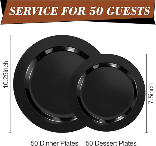 100PCS Black Plastic Plates, Black Disposable Plates for 50 Guests, 50 Dinner Plates 10.25 inch and 50 Dessert Plates 7.5 inch for Party, Graduation, Wedding