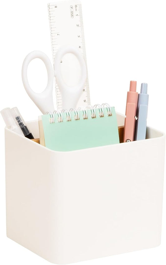 Mind Reader 2-Compartment Desktop Organizer, Removable Wood Divider, Non-Slip Base, Plastic and Wood, White