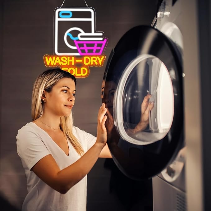 Wash Dry Fold Neon Sign LED Light Up Wall Decor for Laundry Room Home & Laundromat - USB Powered 12x14 Inch Hanging Decorative Lights Gift Idea