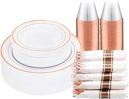 DaYammi 210PCS Rose Gold Plastic Dinnerware Set for 30 Guests, Valentine's Day Plates for Party, Include: 30 Dinner Plates, 30 Dessert Platos, 30 Pre Rolled Napkins with Rose Gold Silverware, 30 Cups