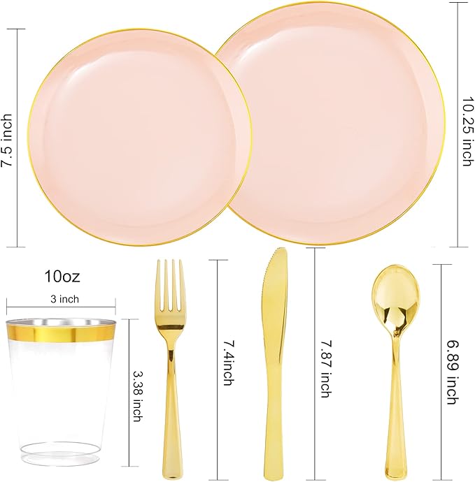 LIYH 180 Pcs Pink Plastic Plates - Disposable Dinnerware Set, Pink Dinner Plate Dessert Plate,Gold Plastic Silverware Cups for Weddings,Birthday Party 30 Guests