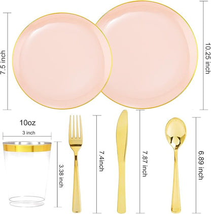 LIYH 180 Pcs Pink Plastic Plates - Disposable Dinnerware Set, Pink Dinner Plate Dessert Plate,Gold Plastic Silverware Cups for Weddings,Birthday Party 30 Guests