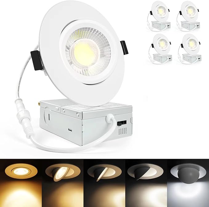 4 Inch Gimbal Led Recessed Light, 2700K/3000K/3500K/4000K/5000K Dimmable Retrofit Eyeball Can Light with Jbox 12W, Waterproof Recessed Lighting for shower, Recessed Ceiling LED Lights.(4 Pack) ﻿