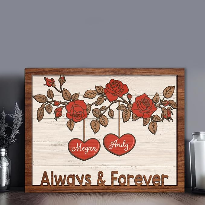 Always & Forever Wooden Sign, Custom Couple Sign, Anniversary Couple Gift, Wedding Gift Frame Sign, Rose Decor Wood Sign Birthday Christmas Valentine Gifts for Him Her Boyfriend Girlfriend a16