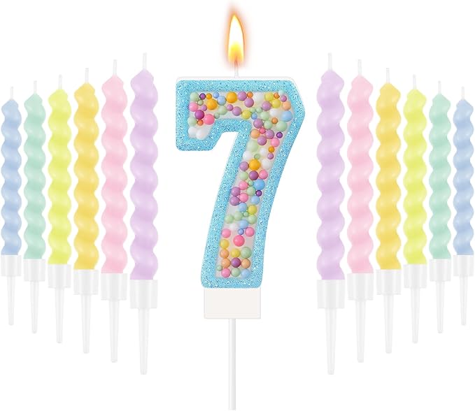 MTLEE Number 7 Birthday Candle Macaron Glitter 3D Number Candle with 12 Pcs Rainbow Spiral Candles in Holders for Girl Boy Cake Topper Wedding Anniversary Pastel Sweet Theme Party Decoration
