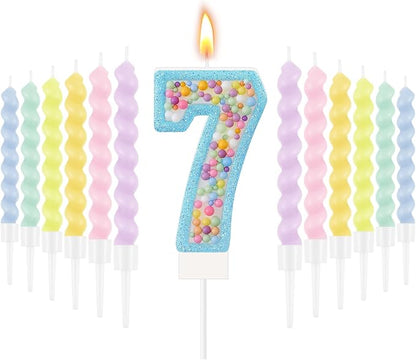 MTLEE Number 7 Birthday Candle Macaron Glitter 3D Number Candle with 12 Pcs Rainbow Spiral Candles in Holders for Girl Boy Cake Topper Wedding Anniversary Pastel Sweet Theme Party Decoration