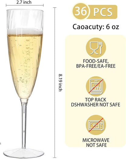 WDF 36PCS Clear Champagne Flutes Plastic - 6 OZ Clear Disposable Champagne Flutes Party Supplies for Wedding/Birthday/Parties