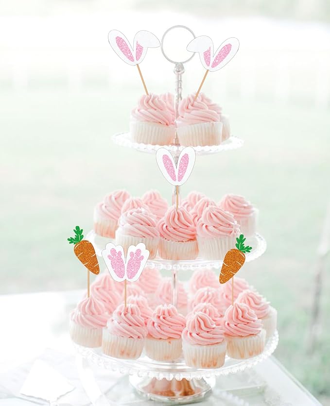 24pcs Easter Bunny Ear Cupcake Toppers, Glitter Rabbit Ears Cupcake Picks, EaSter Day Cake Toppers for Easter Theme Spring Birthday Baby Shower Party Decorations