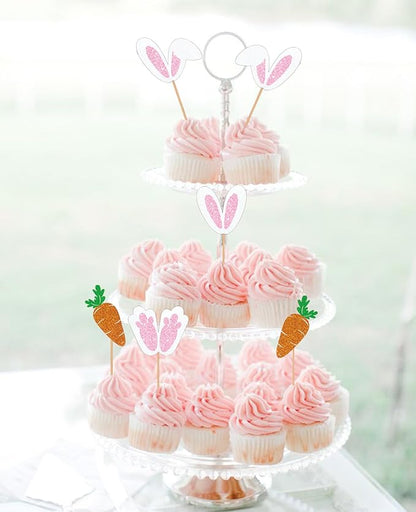 24pcs Easter Bunny Ear Cupcake Toppers, Glitter Rabbit Ears Cupcake Picks, EaSter Day Cake Toppers for Easter Theme Spring Birthday Baby Shower Party Decorations
