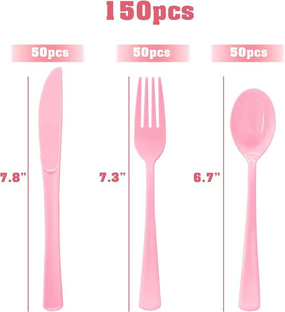 150 Pack Light Pink Plastic Silverware, Pink Plastic Utensils Heavy Duty Includes 50 Disposable Forks, 50 Knives, 50 Spoons for Birthday, Bride Shower, Wedding