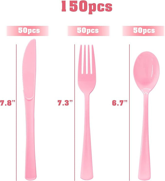 150 Pack Light Pink Plastic Silverware, Pink Plastic Utensils Heavy Duty Includes 50 Disposable Forks, 50 Knives, 50 Spoons for Birthday, Bride Shower, Wedding