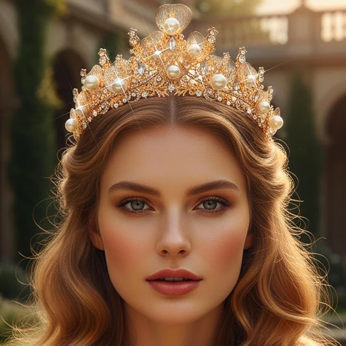 Catery Gold Leaf Crown Pearl Tiaras Bridal Headband Rhinestone Vintage Headpiece for Women