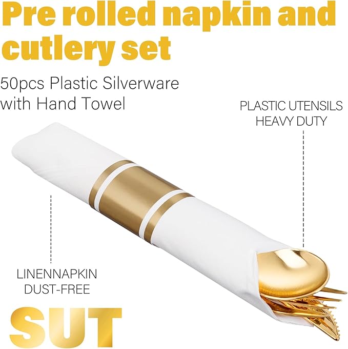 SUT 50 Pack Pre Rolled Silverware Set Disposable, 200pcs Gold Plastic Utensils Include 50 Forks, 50 Knives, 50 Spoons and 50 Napkins, Wrapped Plastic Cutlery Set With Napkin for Wedding