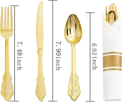 Liacere 400PCS Gold Plastic Silverware - Pre Rolled Napkins Disposable Gold Plastic Cutlery-Premium Quality Utensils-Includes 100Forks,100Knives,100Spoons,100 Napkins & Wedding & New Year