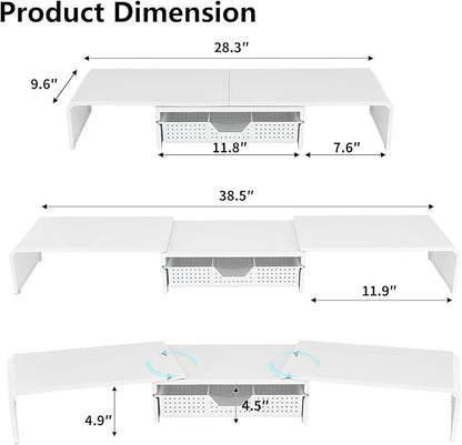 Dual Monitor Stand Riser with Drawer, Desk Organizer and Accessories, Metal Laptop Stand for Desk, Workspace Desktop Stand for Computer, Laptop, TV and More (White)