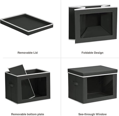 Stackable Storage Bins with Lids - Medium Storage Box with Lids, Foldable Closet Boxes for Organizing, Wardrobe Clothes Organizer with Window, Cubes Bins for Living Room, 5 Pack, Black