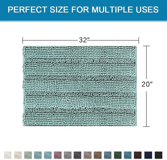 H.VERSAILTEX Bath Rugs for Bathroom Non Slip Bath Mats Extra Thick Chenille Striped Rug 20" x 32" Absorbent Non Skid Fluffy Soft Shaggy Washable Plush Mat for Indoor, Bath Room, Tub - Eggshell Blue