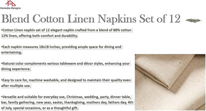Natural Color Cotton Linen Blend Napkins Set of 12 - Hemmed 18x18 Inch Decorative Elegant Soft Washable Reusable Flax Dinner Napkin for Dining Table Décor Christmas Wedding Party & Everyday Use