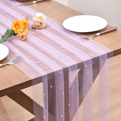 Lilac Fall Thanksgiving Pearl Table Runner Boho Rustic Tulle Lace Table Runner for Baby Shower Wedding Arch Decor Veil Dessert Table Decor 3pcs