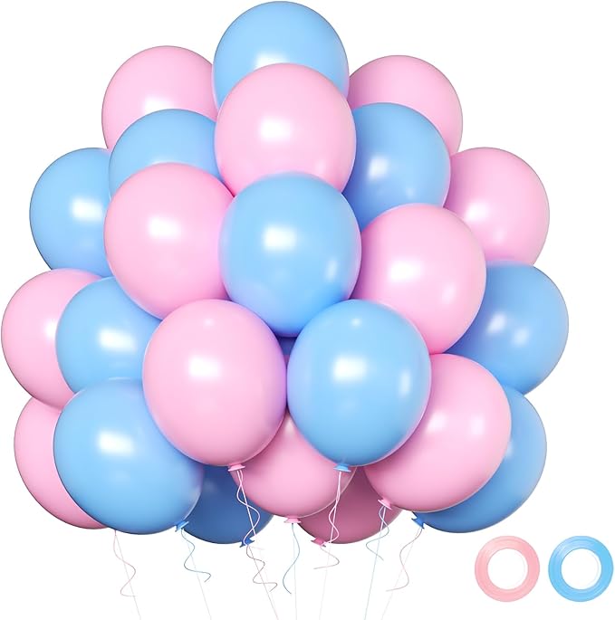 Pink and Blue Balloons, 50 Pcs 12 Inch Pink Blue Party Balloons With Pink Blue Latex Balloon Ribbon Pink blue Balloons for Birthday Baby Shower Gender Reveal Wedding Party Decoration