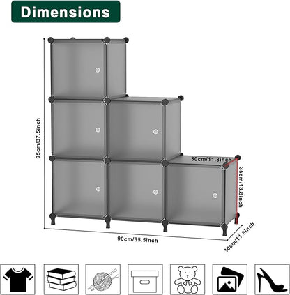 6-Cube Storage Unit with Doors, Cube Organizer for Bedroom, Wardrobe & Under Stairs, 30x30x30cm Compartments, Space-Saving Closet Storage, Grey ATTSL6004