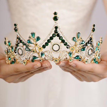 Wekicici Baroque Queen Crown Green Crystal Tiara Rhinestone Princess Wedding Headband for Women Birthday Pageant Party(Green)