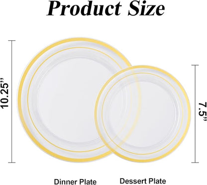 BESTSTAR 200PCS Gold Plastic Plates Set, 100 10.25 inch Dinner Plate and 100 7.5 inch Dessert Plates, Premium Disposable Plates for Party, Wedding